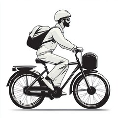 Obraz premium Helmeted cyclist in profile riding a commuter bicycle with a backpack and front cargo box, calm and focused