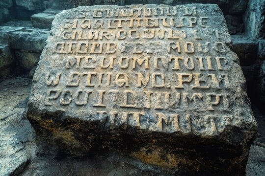 weathered stone slab with carved ancient script on worn ruin steps conveying mystery and historic atmosphere