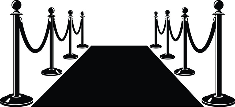 Red carpet pathway with velvet ropes and stanchions silhouette isolated on white background, luxury event entrance concept for cinema, VIP access, premiere and award design