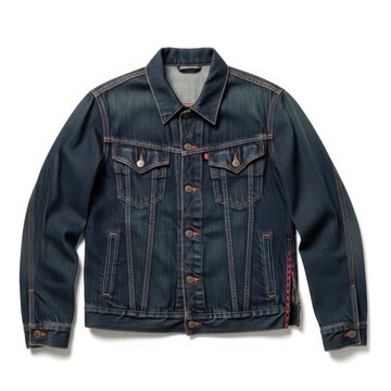 Distressed denim jacket with decorative stitching and button details