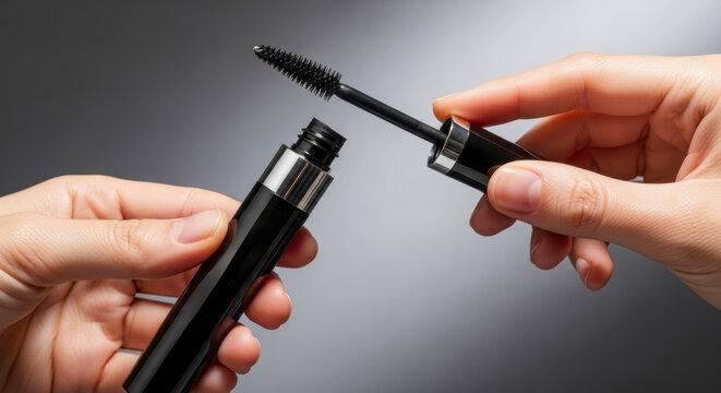 Hands opening mascara product close-up
