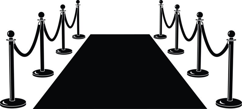Red carpet with velvet rope barriers and stanchions silhouette isolated on white background, luxury VIP entrance concept for events, cinema premiere and award shows