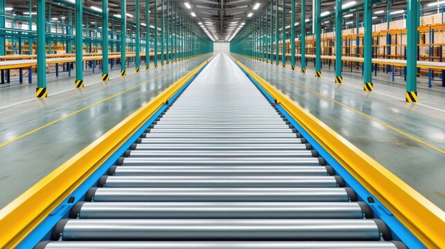 Spacious brightly lit industrial warehouse featuring an extensive automated roller conveyor system ideal for logistics distribution and manufacturing ope ns