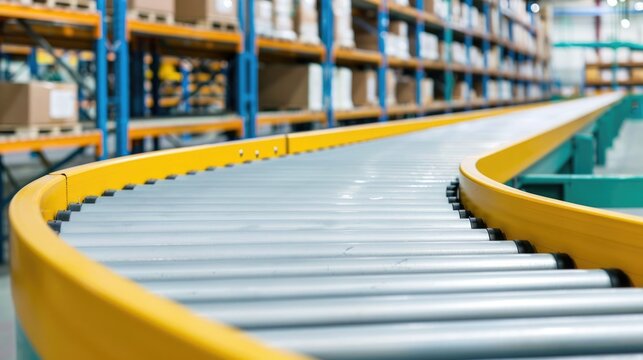 Automated industrial conveyor belt system with grey roller tracks and bright yellow safety guards in a spacious organized warehouse with product shelving