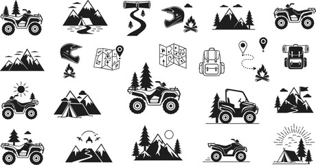 Outdoor Adventure ATV and Camping Icon Set Featuring Mountains, Maps, Trails, Off-Road Vehicles, and Exploration Symbols for Travel and Nature Designs © MdMojnu