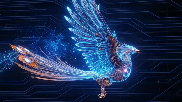 Digital Phoenix Bird of Light and Energy Flying Through Circuits.