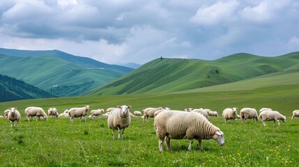 Obraz premium Expansive view of a serene rural landscape featuring a flock of fluffy white sheep grazing on vibrant green rolling hills and meadows under a dramatic cloudy sky