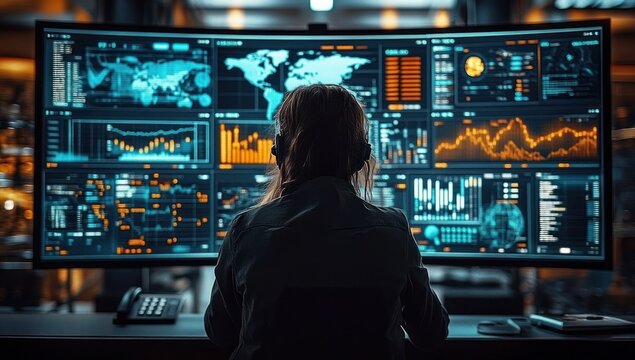 silhouetted operator with headset monitors multiple large curved screens displaying world maps, charts and data dashboards, focused and vigilant in a dim control room