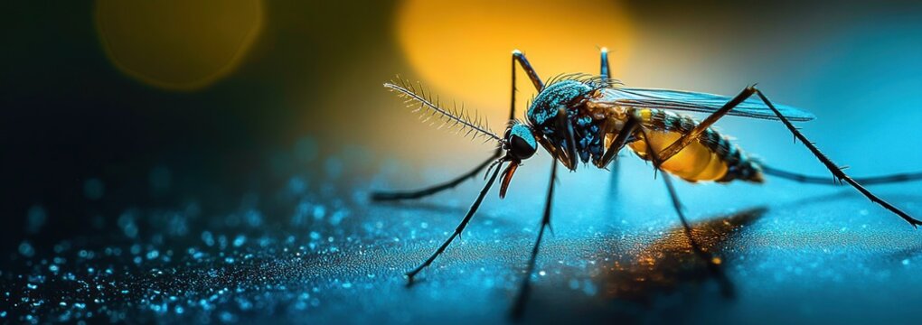 dramatic macro portrait of a mosquito perched on a textured wet surface with translucent wings, feathery antennae and glowing blue and yellow bokeh, tense moody atmosphere