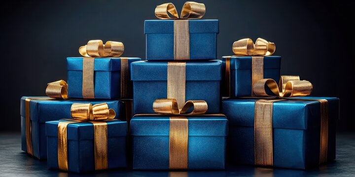 stack of shimmering blue gift boxes with gold ribbons and bows conveying festive luxury and joyful anticipation