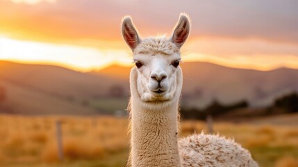 Fototapeta premium A detailed close up portrait of a fluffy white llama s face and neck set against a picturesque rural landscape bathed in the warm