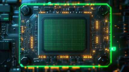 Fototapeta premium close-up of a high-tech microchip on a circuit board with glowing green core, orange indicator lights, mounting standoffs and intricate circuitry, futuristic precise electronic energy