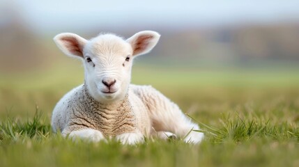 Obraz premium Close up portrait of an adorable young lamb with soft wool resting in a lush green field under gentle morning sunlight creating a serene and idyllic pastoral scene with a blurred background