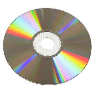 A shiny, reflective compact disc viewed from above with rainbow light reflections.