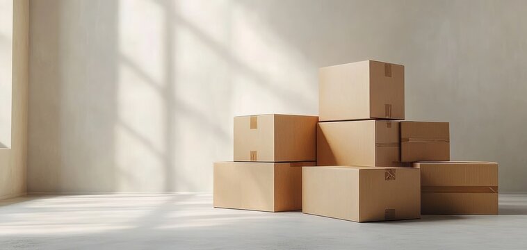 stack of cardboard moving boxes in a sunlit empty room conveying calm anticipation