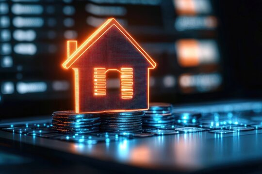 Glowing orange house icon atop stacks of coins on a keyboard, symbolizing digital real estate finance and investment in a tech-driven money world