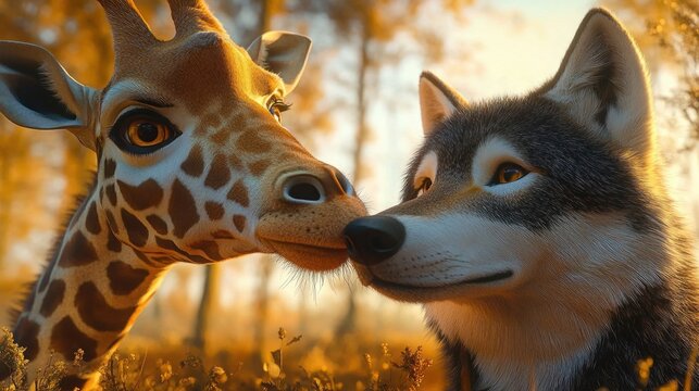 gentle giraffe and husky nuzzling noses in a golden forest at sunset, warm affectionate moment