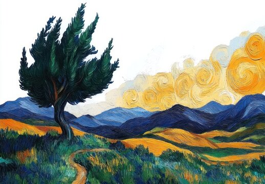 Windswept cypress tree beside a winding dirt path over rolling golden hills under a swirling sunlit sky, textured vibrant brushstrokes conveying serene yet stirring emotion