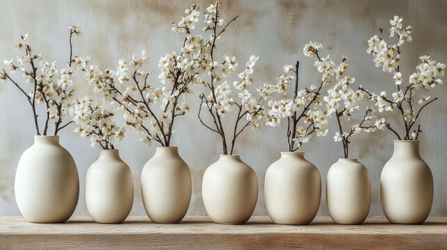 seven neutral ceramic vases holding delicate white blossom branches on a wooden shelf, minimalist serene still life