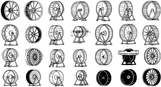 Set of various black and white hand-drawn hamster wheels in different styles, illustrations for pet exercise and activity equipment.