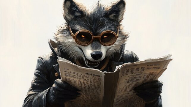 anthropomorphic fox in dark coat and gloves reading a newspaper, calm and contemplative mood