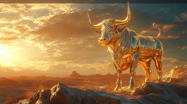 Majestic golden bull sculpture standing on rocky desert at golden hour under a dramatic clouded sky, reflecting warm light and evoking power and triumph