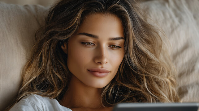 Blonde woman lying on sofa using tablet