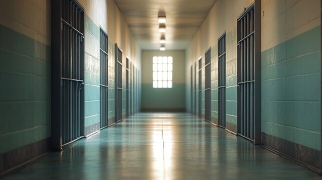 empty prison corridor with barred cell doors, teal painted walls and distant window light conveying isolation and foreboding