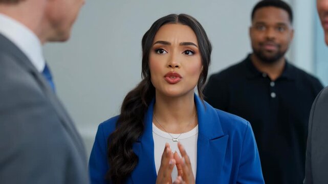 Focused and Determined: A striking woman, radiates confidence, commanding attention with her focused gaze and passionate expression in a photorealistic setting.