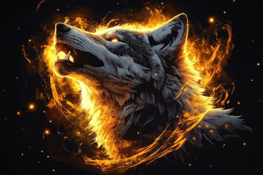 fiery wolf head with glowing eyes and bared fangs surrounded by swirling flames and embers, fierce and powerful against a dark background