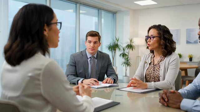 Collaboration in Progress: A focused team engages in a business discussion within a modern office setting, fostering communication and decision-making around a table. 
