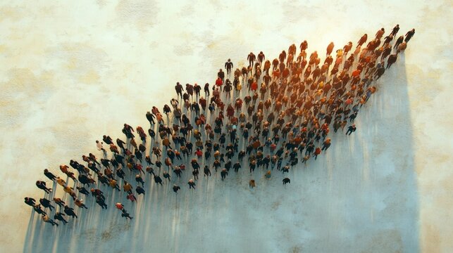 Aerial view of a dense diagonal crowd of diverse people casting long shadows on pale sand, creating a contemplative, organized landscape
