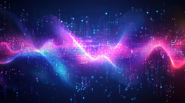 Glowing neon particle wave in blue, purple and pink with dotted vertical lines and streaming pixels, a dynamic energetic data visualization suggesting futuristic motion