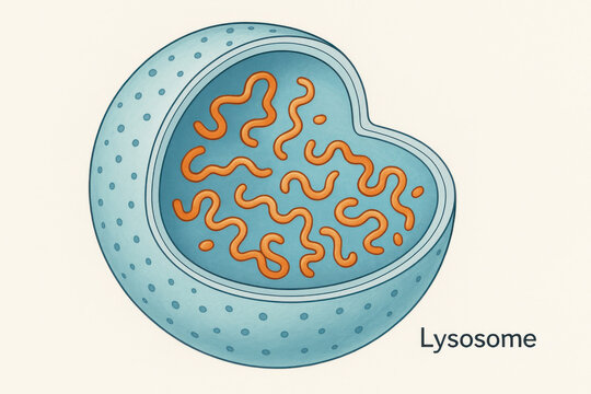 Microscopic scientific illustration of lysosome organelle. This cell anatomy cutaway diagram shows enzyme structure inside for biology education. clean visual
