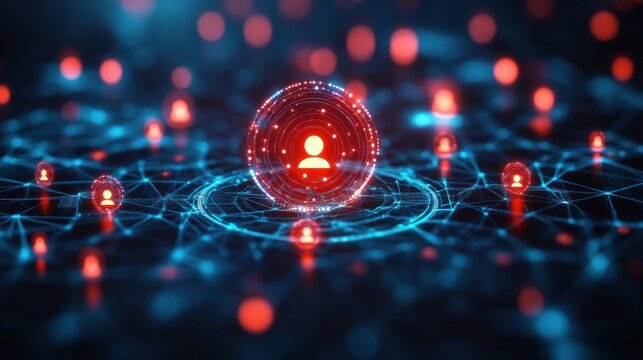 Central glowing user icon inside a holographic red sphere surrounded by interconnected glowing user nodes on a blue digital grid, conveying connectivity and futuristic vigilance