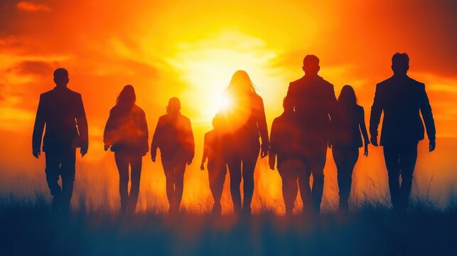 silhouetted group walking across a grassy field toward a blazing sunset with orange backlight and an inspiring, determined mood
