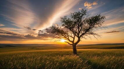 Fototapeta premium A lone tree stands in a serene field at sunset