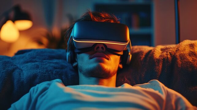 person reclining on sofa wearing virtual reality headset and headphones in warm and cool ambient light, relaxed immersive mood