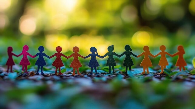 Colorful paper cutout children holding hands in a sunny outdoor setting, conveying unity and friendship