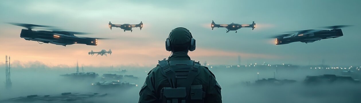 back view of a helmeted soldier in tactical gear watching a fleet of hovering drones and futuristic aircraft over a foggy city at dawn, tense and vigilant