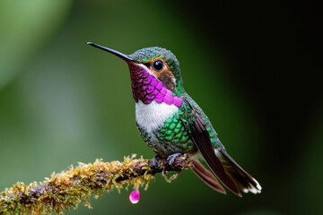 Fototapeta premium vibrant green and purple hummingbird perched on a mossy branch with a small pink droplet, calm and alert against a soft blurred green background