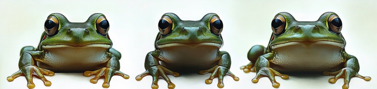 Three curious green tree frogs in a close-up row, big glossy eyes and webbed toes, playful and alert expressions on a clean light background