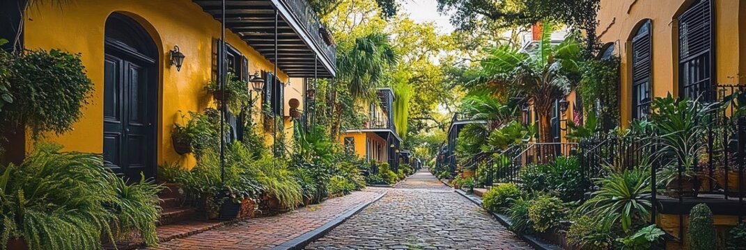 Sunlit cobblestone lane lined with yellow stucco homes, black doors and shutters, wrought-iron balconies, palm trees and lush potted plants creating a peaceful charming atmosphere
