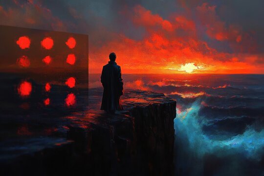 Solitary figure in a long dark coat stands on a rocky cliff edge watching a fiery sunset over a turbulent sea beside a glowing red-lit floating panel, contemplative and foreboding