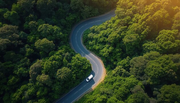 An aerial view of a winding two-lane road cutting through a dense emerald forest, with a white van gliding along and warm sunlight creating a serene, adventurous mood.
