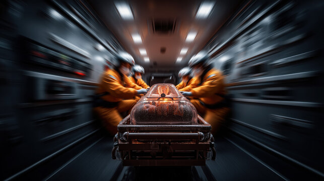 Isolation stretcher in moving ambulance with paramedics