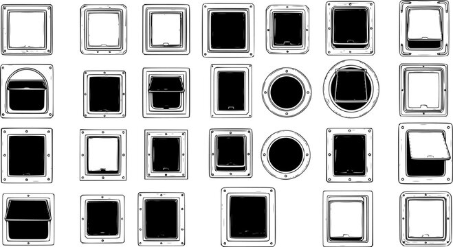 Vector illustration of pet doors. A collection of diverse designs for cat and dog flaps, including open and closed versions in various shapes.