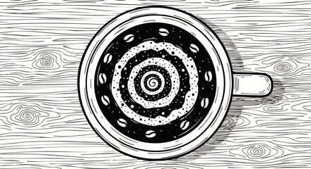 Top view of a steaming cup of coffee with a swirling hypnotic pattern and coffee beans on a wooden table