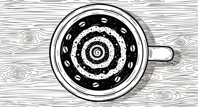 Top view of a steaming cup of coffee with a swirling hypnotic pattern and coffee beans on a wooden table