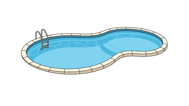 Outdoor kidney-shaped swimming pool with clear blue water and a metal ladder on a plain white background for leisure concepts.
